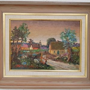 Oil Painting Village Landscape Signed